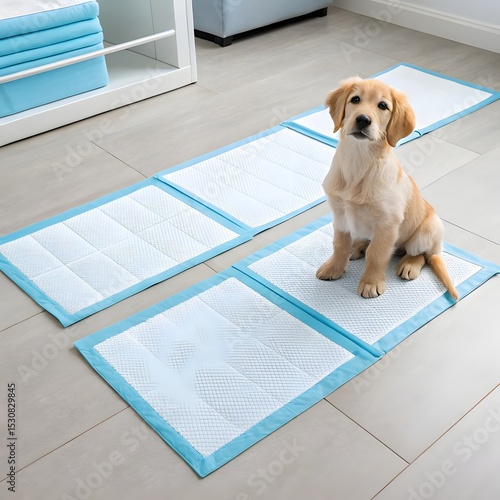 Golden retriever puppy sitting on puppy pads in a room with a white shelf and blue accents