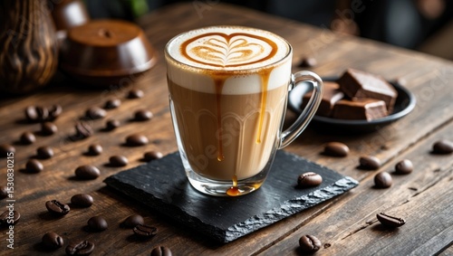 A mug of mocha or artroi alongside a plate filled with coffee beans in the background on a wooden table