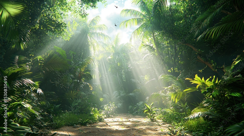 Obraz premium Lush jungle path bathed in sunlight