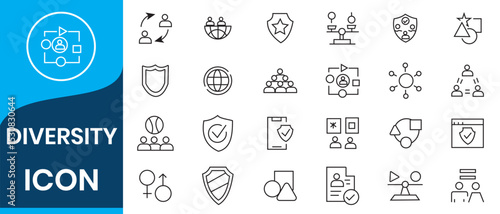 Diversity icon set. Diversity line icon vector symbol collection. Containing equality, human rights, ethnicity icons, difference, belonging, languages, tolerance icon. Linear icon vector illustration.