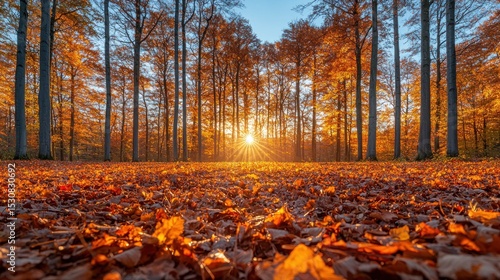 Wallpaper Mural Autumn sunbeams through a forest of golden trees Torontodigital.ca