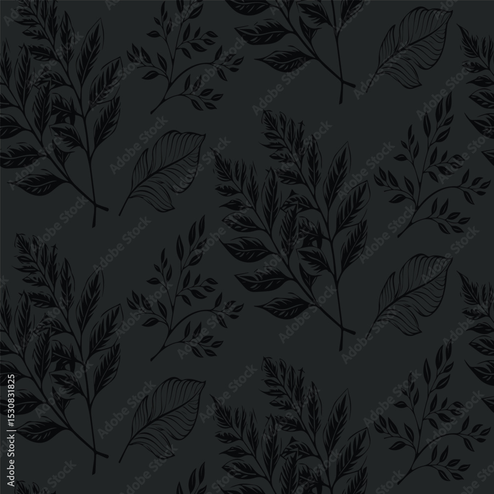 Hand-drawn charcoal seamless pattern with various sketchy botanical leaves on a dark background. An artistic and organic design for unique textiles and decor. Hand-drawn charcoal seamless pattern with various sketchy botanical leaves on a dark background. An artistic and organic design for unique textiles and decor.