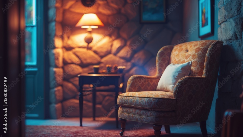 Fototapeta premium A snug living room corner featuring a vintage armchair, a small table, and a wall lamp. The armchair, upholstered in patterned fabric, is complemented by a cozy pillow.