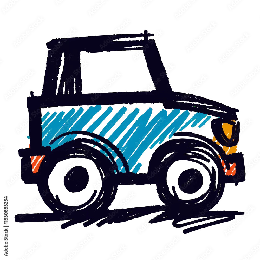 Naklejka premium Colorful hand-drawn blue truck illustration with bold outlines 