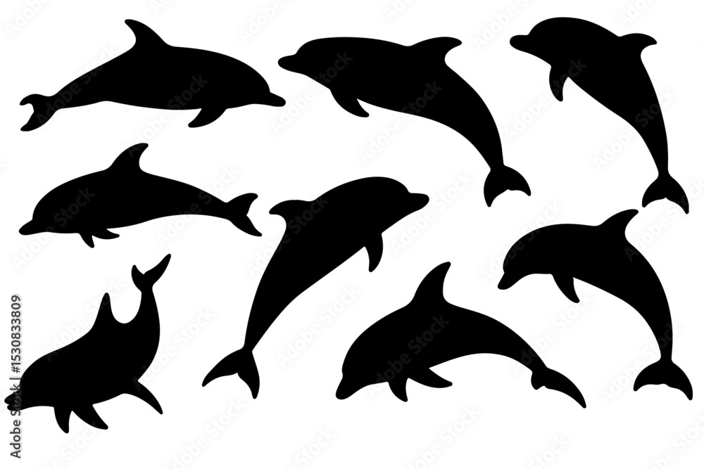 Fototapeta premium Collection of sleek dolphin silhouettes ideal for branding websites apparel and marine-life projects. High-contrast black shapes on white background.