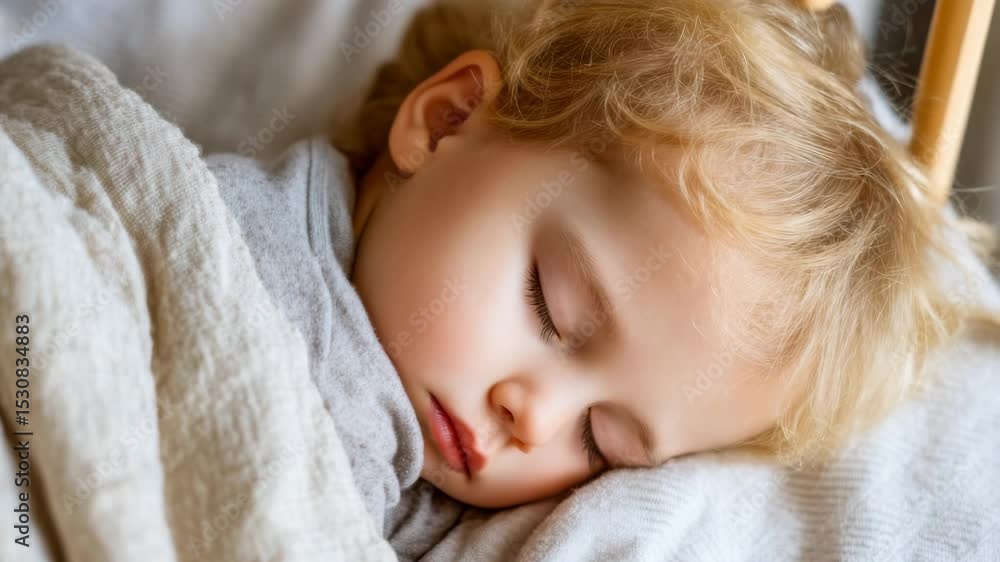 Child peacefully sleeping, wrapped in a soft blanket, surrounded by a calm and cozy atmosphere, showcasing innocence and tranquility Child peacefully sleeping, wrapped in a soft blanket, surrounded by a calm and cozy atmosphere, showcasing innocence and tranquility