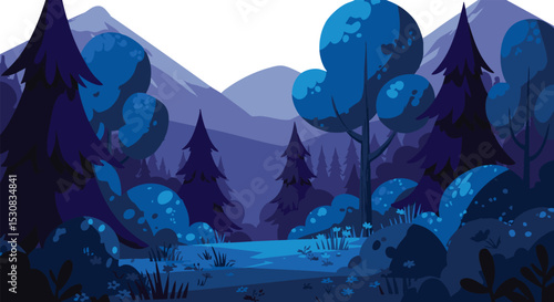 Majestic Twilight Forest A Stunning Flat Illustration of a Serene Nighttime Woodland Scene, Perfect for Backgrounds and Digital Art Projects