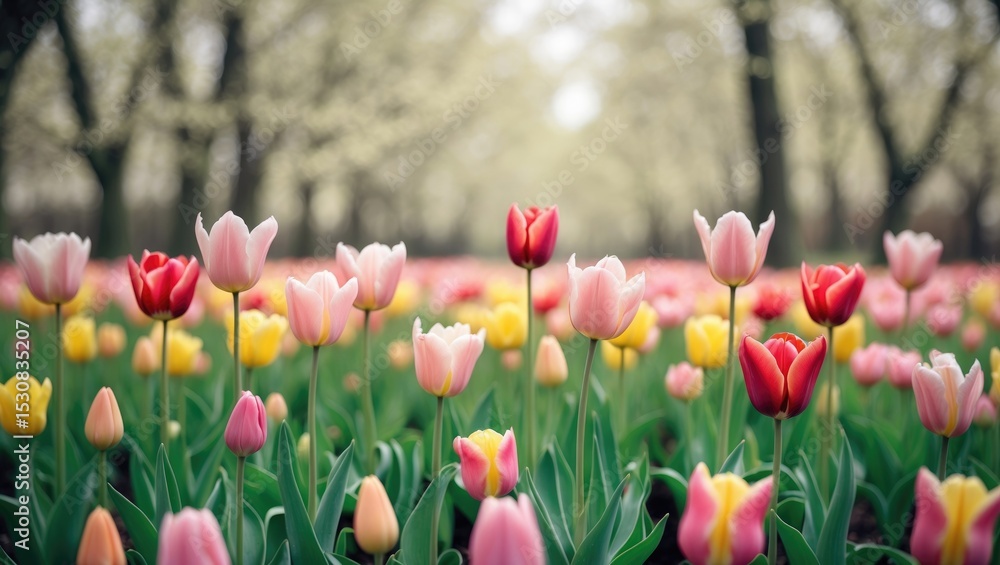 Fototapeta premium A field of vibrant blooming tulips in bright sunlight.
