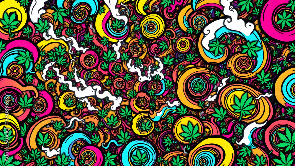 Fototapeta premium Psychedelic Dreamscape: A mesmerizing swirl of cannabis leaves amidst a vortex of vibrant colors and swirling patterns, conjuring a sense of altered reality and whimsical exploration.