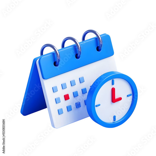 Blue Calendar and Clock Minimalist Rendering on Transparent Background