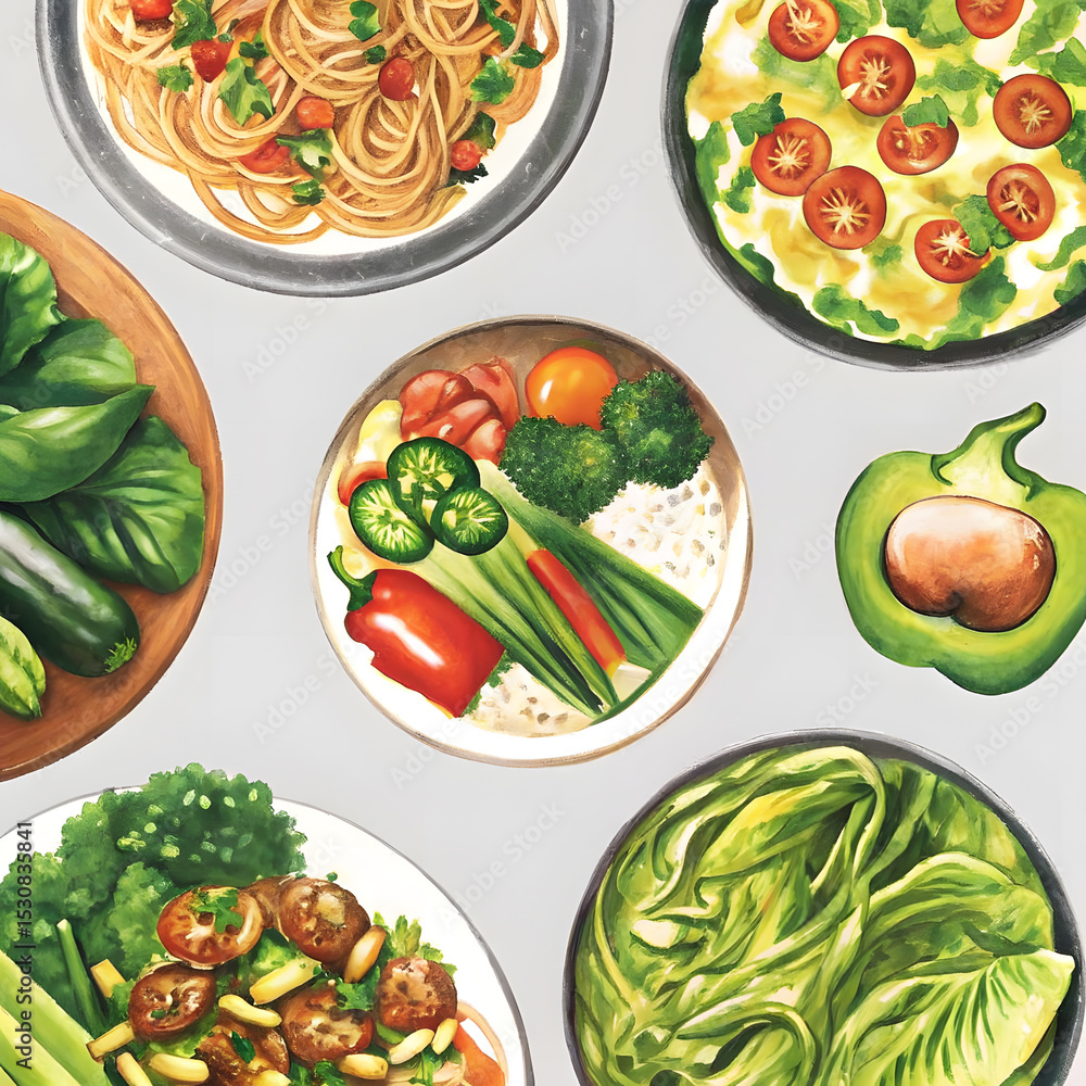 A vibrant collection of healthy and delicious food dishes featuring various vegetables and pasta. A vibrant collection of healthy and delicious food dishes featuring various vegetables and pasta.