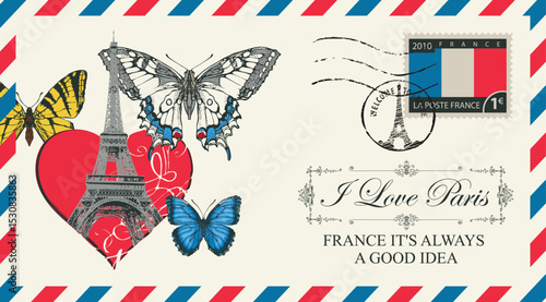 Travel vector, greeting card with heart, Eiffel Tower in Paris, France. Or vintage postal envelope with butterflies and words I love Paris. Valentine on Valentine's Day. No AI used