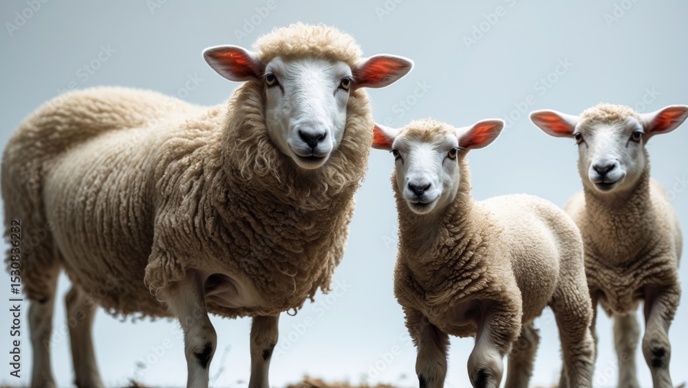 Fototapeta premium A ewe with her two lambs, one suckling, set against a white background.