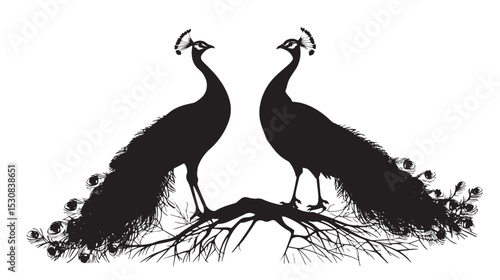 Peacocks silhouette isolated in White background