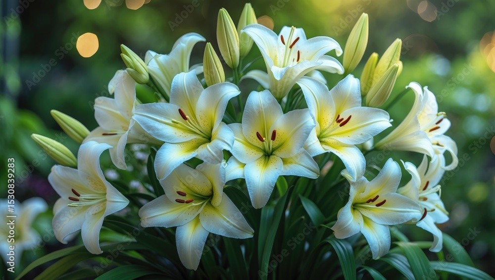 Fototapeta premium A beautiful cluster of delicate white lilies blossoms brightly, encircled by greenery in a peaceful garden during dusk.