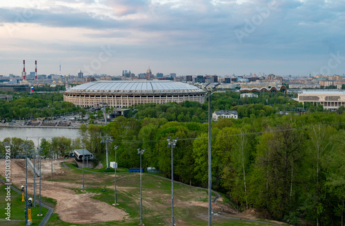 View of the Luzhniki Stadium Sports Complex from the observation deck on Vorobyovy Gory.