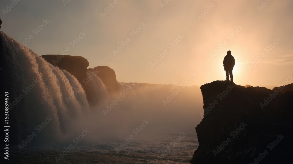 Man silhouette framed against glowing mist of Godafoss waterfall at dusk.. Man silhouette framed against glowing mist of Godafoss waterfall at dusk..