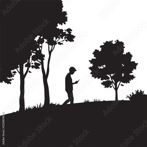 Modern flat design, classic black and white vector illustration.  A simple, two-dimensional silhouette depicts a person putting down their phone and walking into a peaceful nature scene of trees
