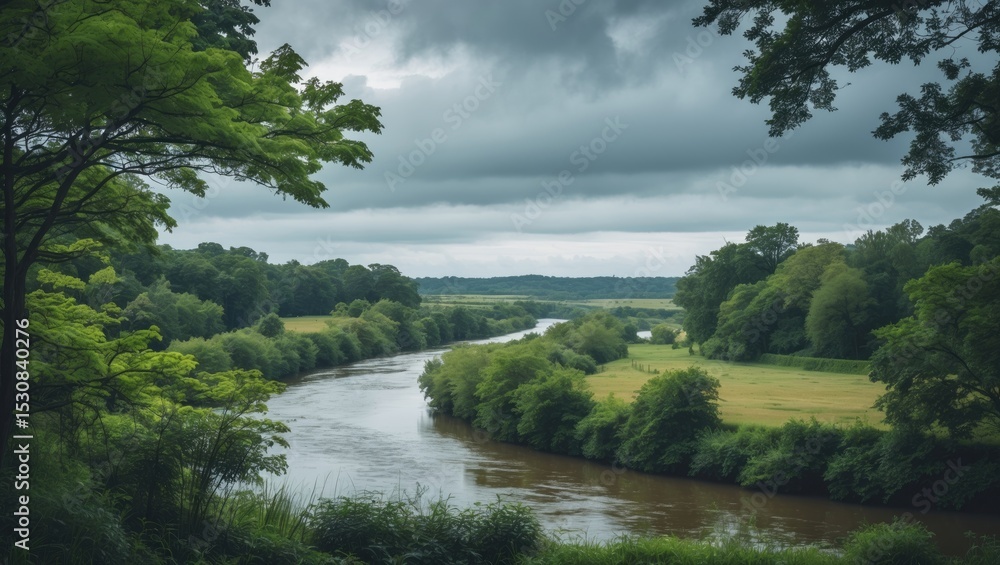 Fototapeta premium A stunning river moves softly through a lively and verdant green field, which is elegantly encircled by tall and majestic trees
