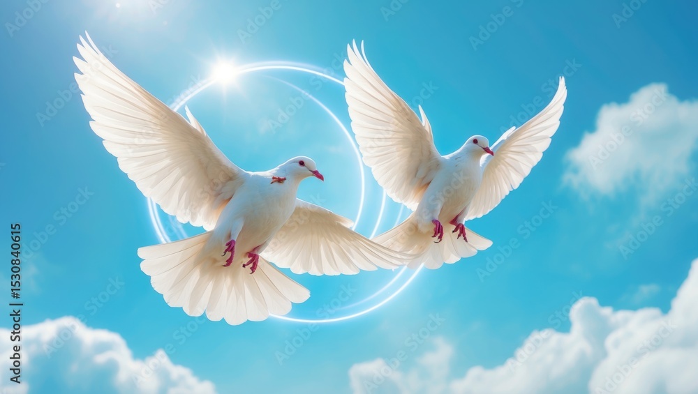 Obraz premium 3D ceiling decoration image featuring a beautiful sunny sky with flying white doves.