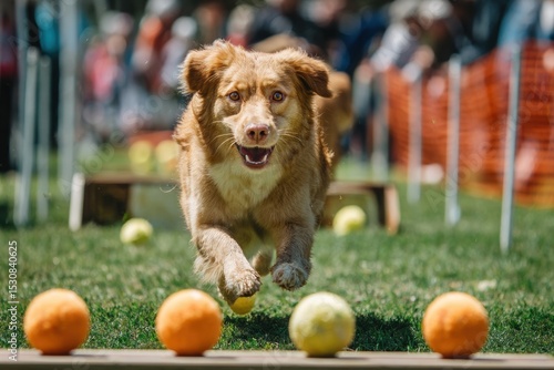 Dog Sports Competition Nova Scotia Duck Tolling Retriever in Flyball Race Team Competition Athletic Performance Sporting Achievement