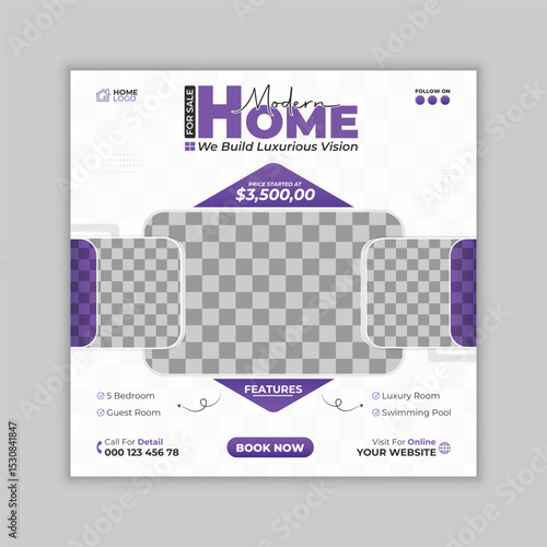 Real estate and interior social media post layout with purple.	