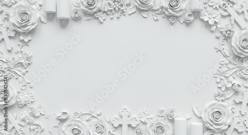 White roses crosses and candles create a decorative frame isolated on white background