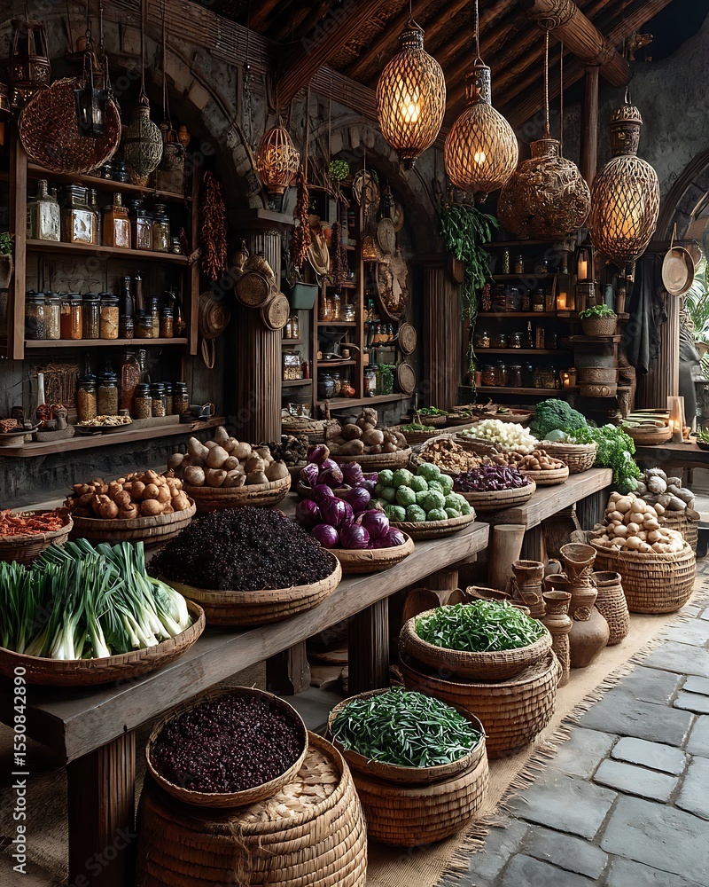 Fototapeta premium Old style veggie shop with baskets high resolution picture