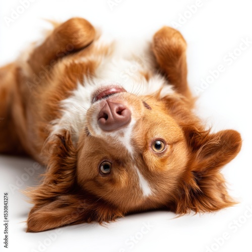 Nova Scotia Duck Tolling Retriever Rolling over on Back on White Plain Isolated