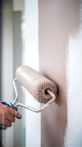 Detailed shot of a hand using a paint roller to apply a fresh neutral color to a wall, showcasing home improvement, painting techniques, and interior refurbishment focused on renewing spaces.