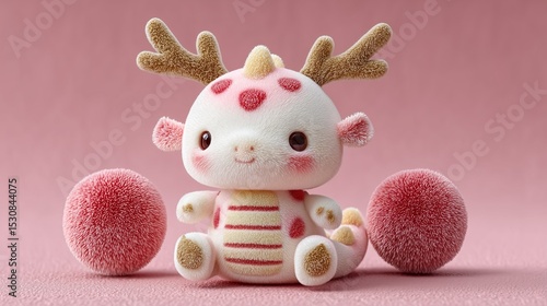 Adorable plush dragon toy with antlers, pink and white, sitting between two fluffy balls.
