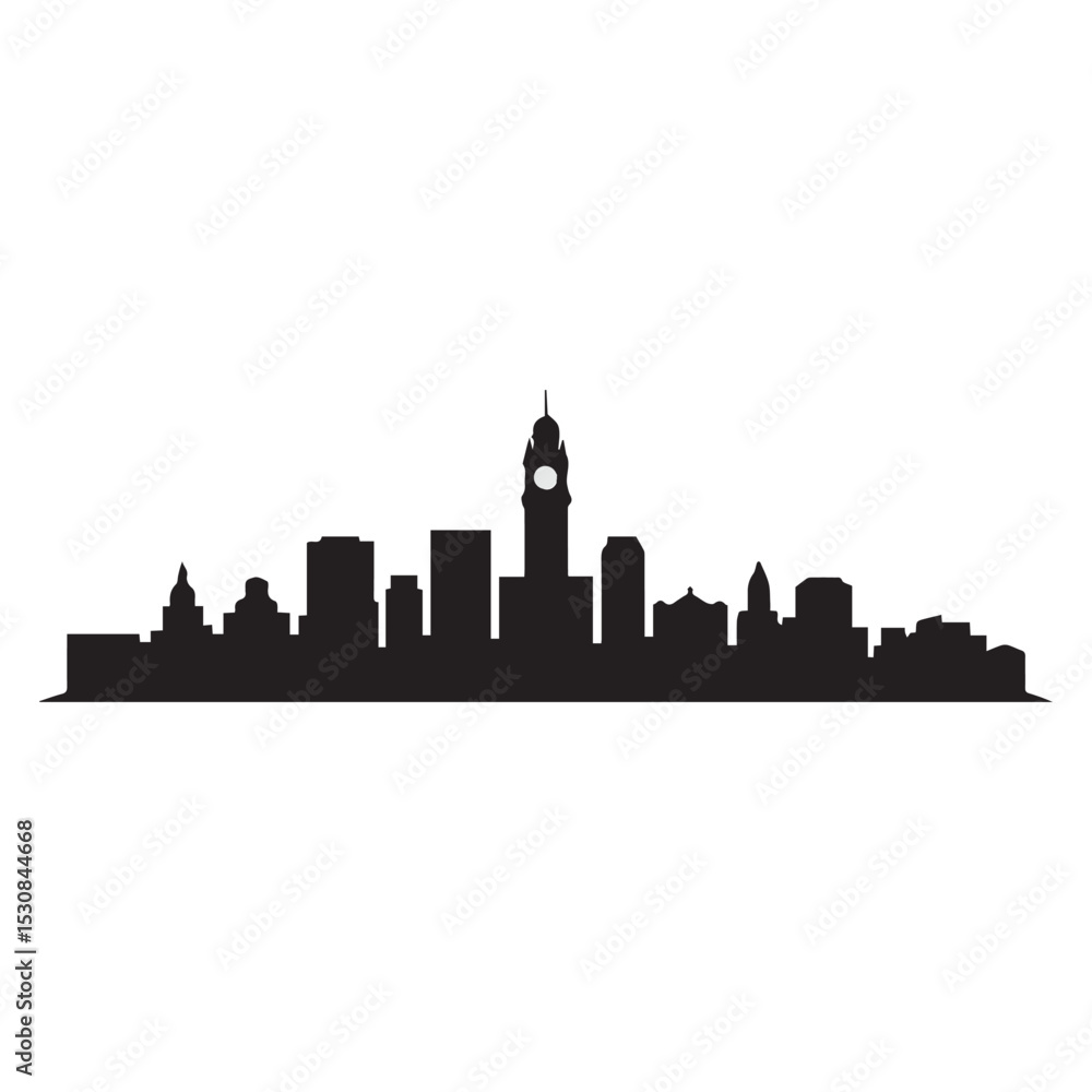 Naklejka premium City silhouette, Silhouette of city with black color on white background 