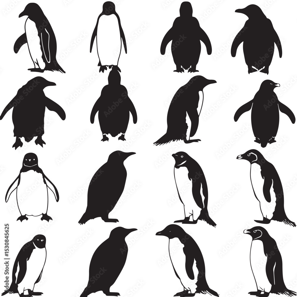 Naklejka premium penguin bird animal silhouette cartoon , black silhouettes isolated on white background