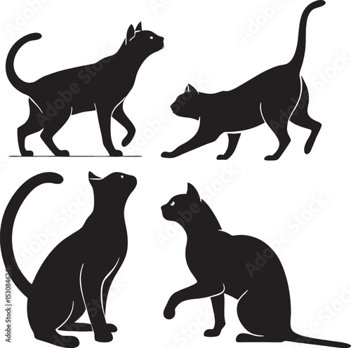 A set of four unique cat silhouettes in different poses: walking, stretching, sitting, and playing. Ideal for SVG bundles, pet lover gifts, and design projects.