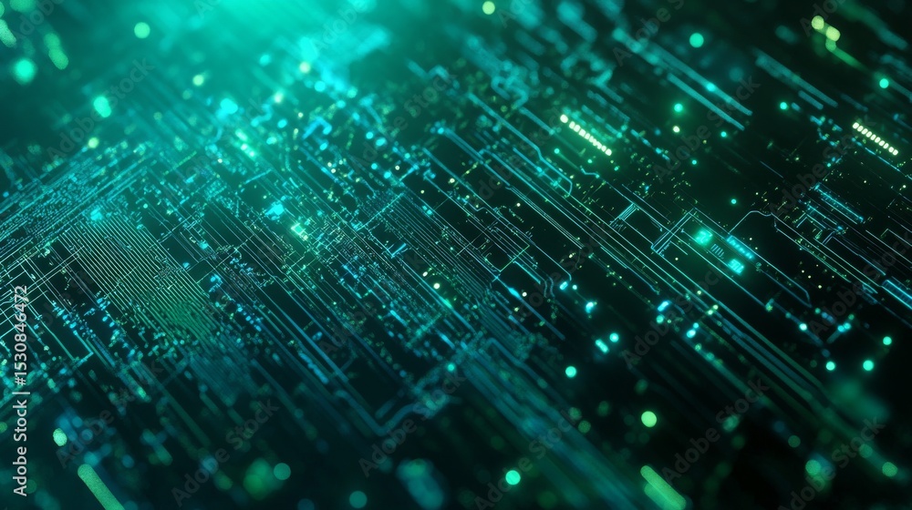 Futuristic digital technology background with glowing blue and green circuit lines, abstract high-speed data flow, innovation in cyber communication, nano information systems, and internet network con Futuristic digital technology background with glowing blue and green circuit lines, abstract high-speed data flow, innovation in cyber communication, nano information systems, and internet network con