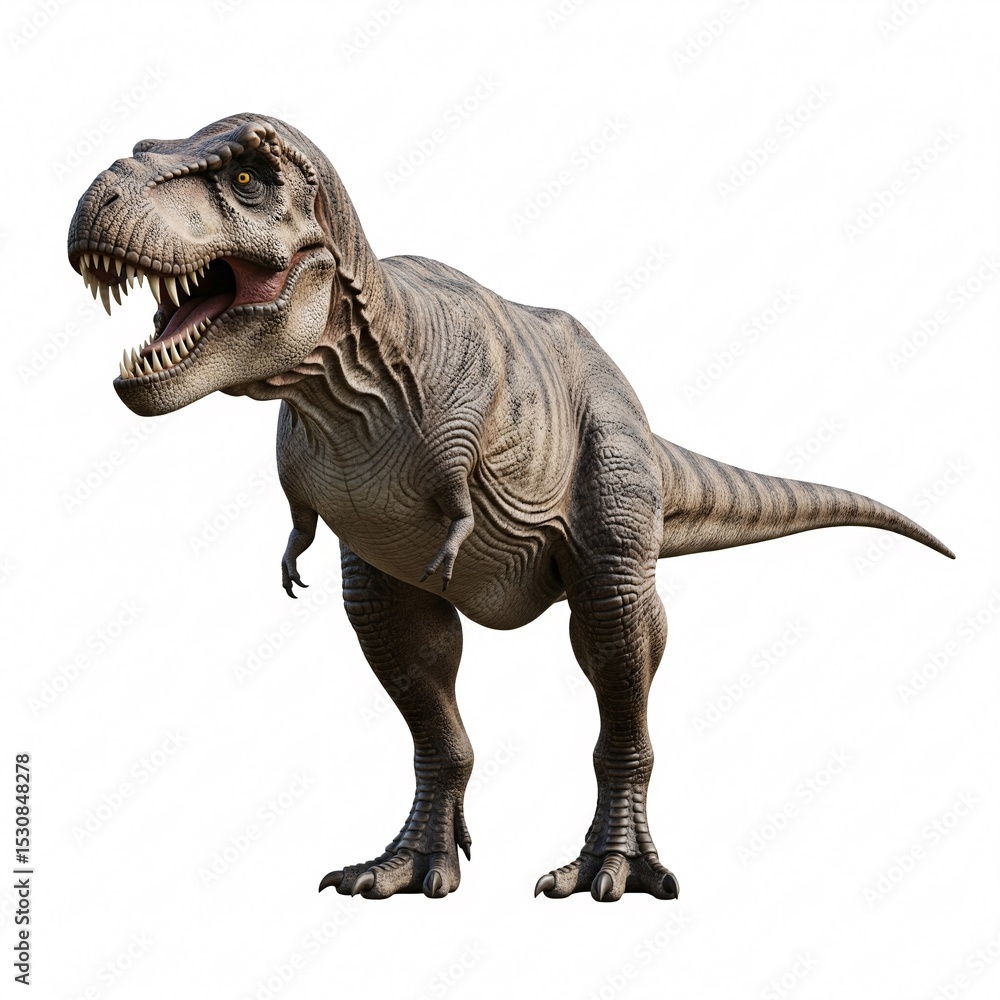 Fototapeta premium A realistic model of a giant Tyrannosaurus Rex with an open jaw and sharp teeth, exuding power