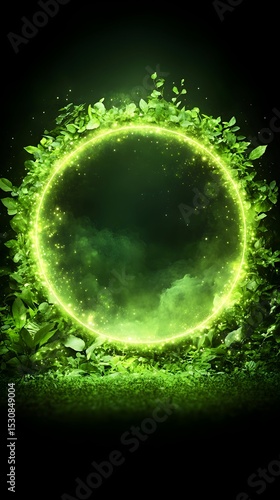 Glowing green circle, leaves, nature, dark background, portal