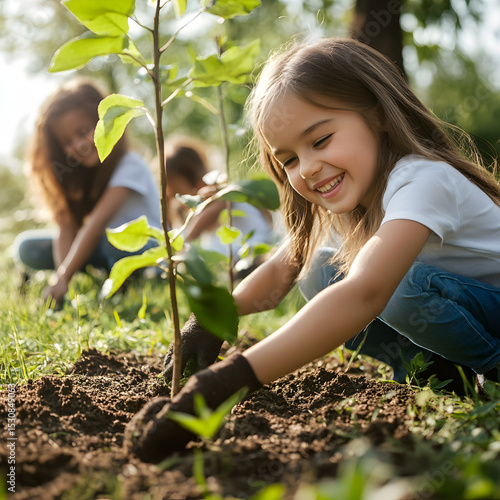 Two children happily planting young trees in a garden, enjoying outdoor nature and environmental care on a sunny day.