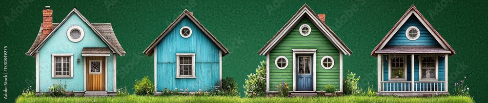 Colorful Miniature House Row Painterly Style with Dark Green Background and Grassy Foreground Colorful Miniature House Row Painterly Style with Dark Green Background and Grassy Foreground