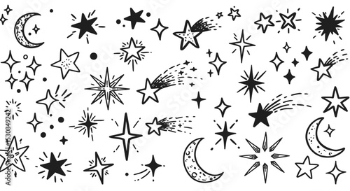 Hand-Drawn Sparkle Star Clipart Bundle – Celestial Stars, Shooting Stars, Moon, and Doodle Vector Elements Collection