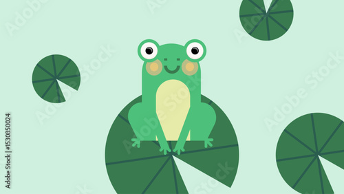 Cute Frog on Lily Pad: Pond Life Vector. A charming green frog with a happy smile sits on a lily pad, surrounded by other pads on a light green background