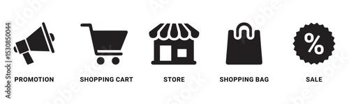 Shopping & E-commerce  icons set. Shopping cart icon. Marketplace shop store icon. Promotion loudspeaker icon. Sale badge icon percent sign. Shopping bag icon , stock vector . 
