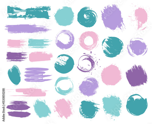 Pink tel paint stains brush stroke backgrounds set. Artistic vector design elements, boxes, frames for text, labels, logo. Hipster stickers, paintbrush grunge stamp label backgrounds, circle frames.