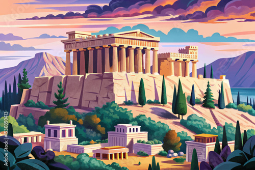 Vector illustration of the Acropolis in Athens atop a rocky hill, featuring ancient columns perfect for history, travel, and classical architecture themes