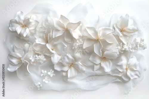 Delicate white floral arrangement on sheer fabric.