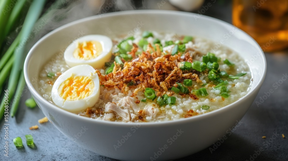 Labor Day in the Philippines (May 1) Delicious asian chicken congee with soft-boiled eggs and scallions in white bowl Labor Day in the Philippines (May 1) Delicious asian chicken congee with soft-boiled eggs and scallions in white bowl
