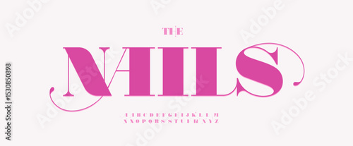 Feminine luxurious fashion alphabet, modern elegant serif font, glam curl font for beauty branding, glamorous headline, boutique typographic design, stylish salon identity. Vector typeset.