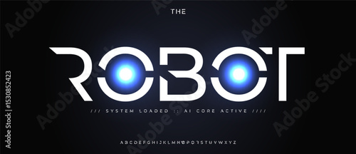 Robotic geometric futurist alphabet, cyber futuristic font, synthetic automation tech typeset for AI lab logo, digital HUD display, robot interface headline, scifi typographic design. Vector typeset