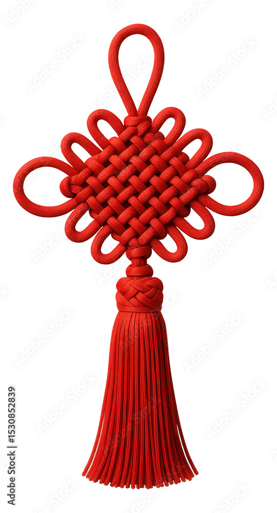Obraz premium Intricate red Chinese knot decoration with a loop and tassel on transparent background.