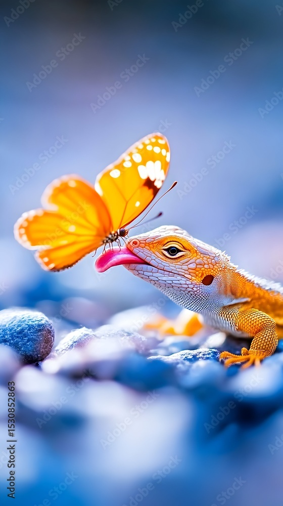 Fototapeta premium Lizard catching butterfly on rocks, nature background